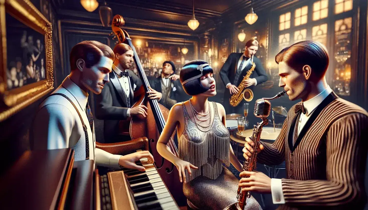 1920s jazz club scene with musicians, including a saxophonist, a singing flapper, a pianist, and a double bass player, with patrons at tables.
