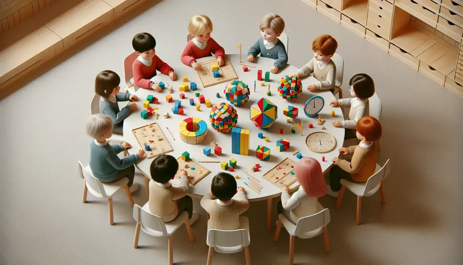 Bambini in classe interagiscono con blocchi colorati e puzzle su tavolo rotondo, esplorando forme e colori in ambiente educativo.