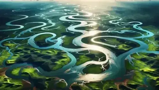 Vista aérea de un río serpenteante fluyendo hacia un cuerpo de agua mayor, rodeado de vegetación exuberante y sin señales de actividad humana.