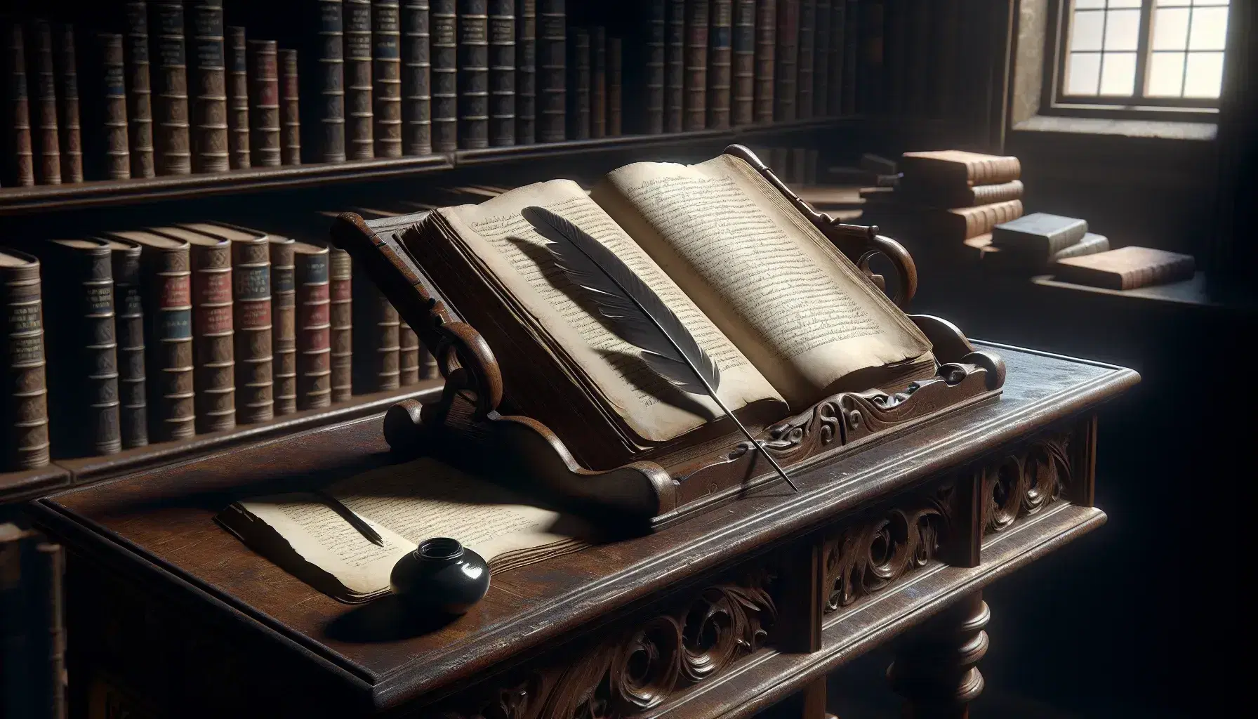 Atril antiguo de madera tallada con libro abierto y páginas marfil, pluma de ave y tintero negro al lado, fondo borroso de estantería con libros.