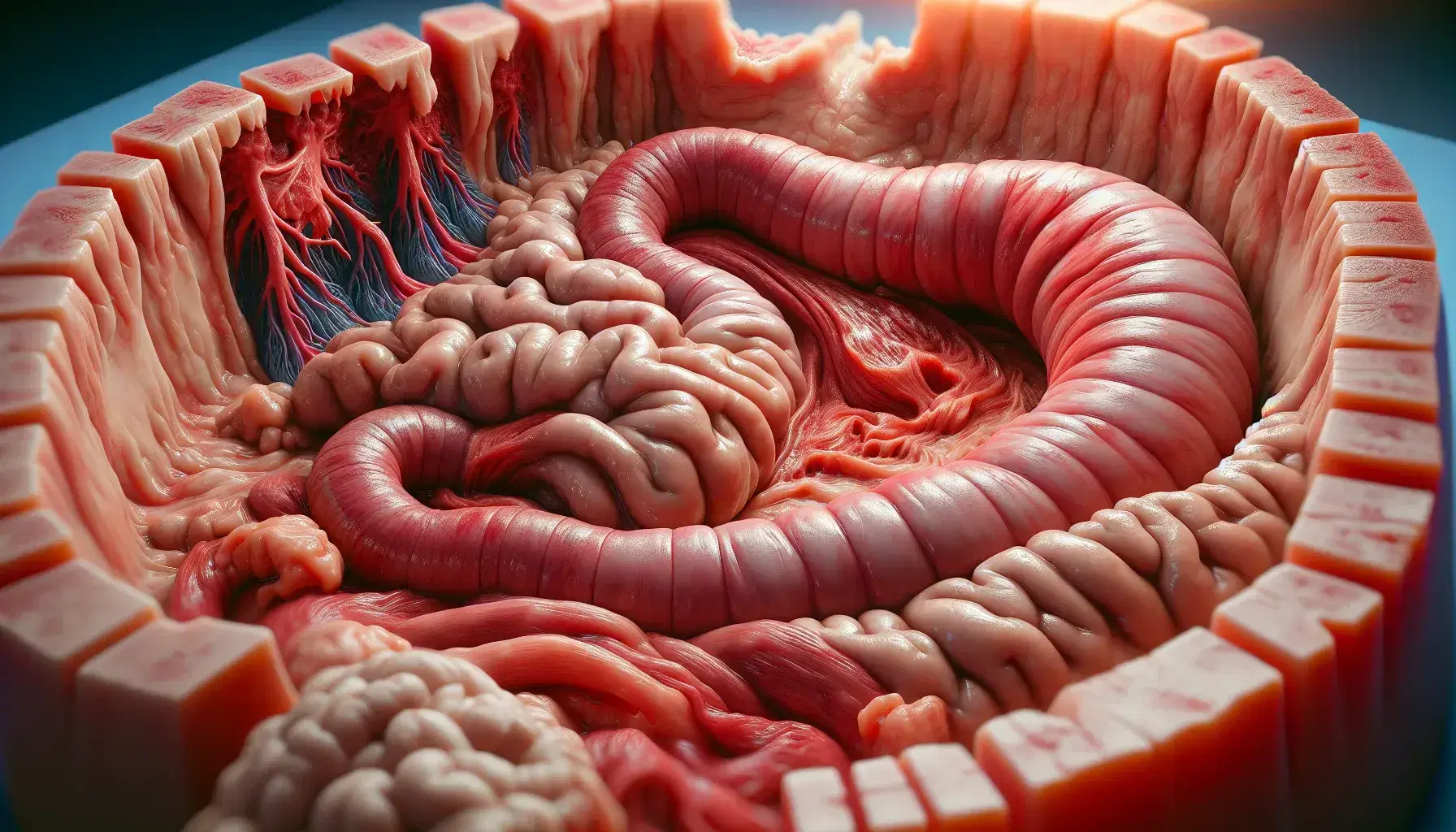 Estómago humano diseccionado mostrando mucosa gástrica con pliegues y las capas de tejido, sin etiquetas en fondo neutro.