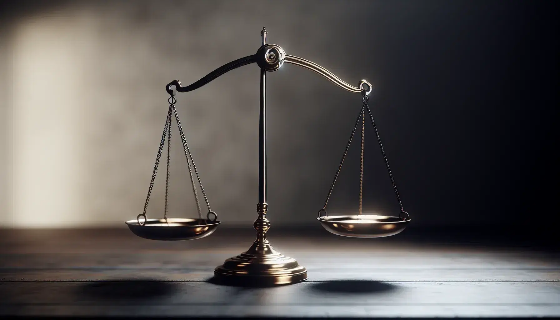 Balanza de dos platos en equilibrio, de metal brillante sobre superficie de madera oscura que refleja su base, con iluminación lateral y fondo neutro.