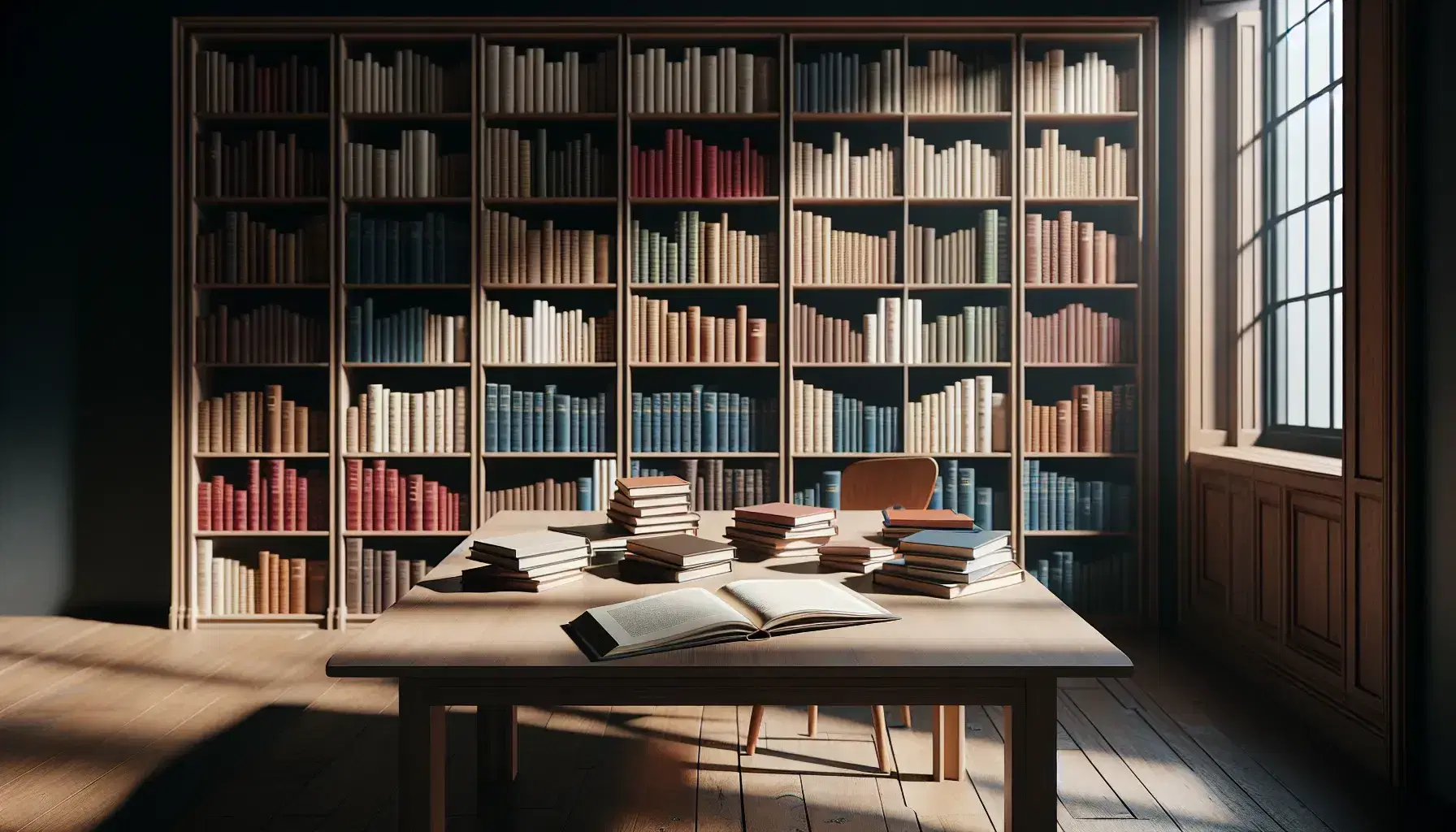 Mesa de madera con libros apilados en una biblioteca iluminada por luz natural, estanterías repletas de libros de colores y silla con cojín beige.