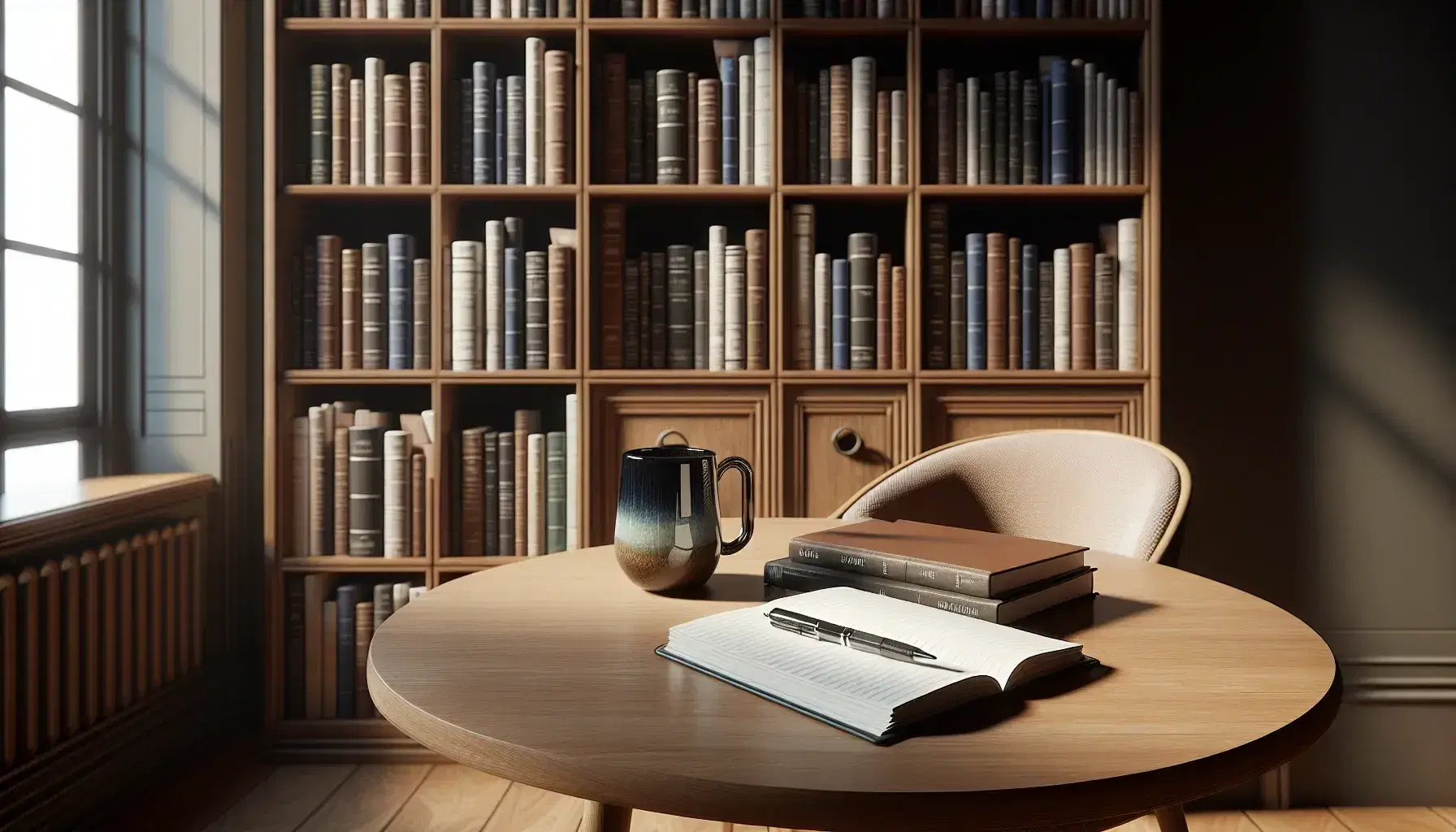 Biblioteca con estantes de madera oscura llenos de libros, mesa con cuaderno abierto y pluma, y taza de café, en ambiente iluminado naturalmente.