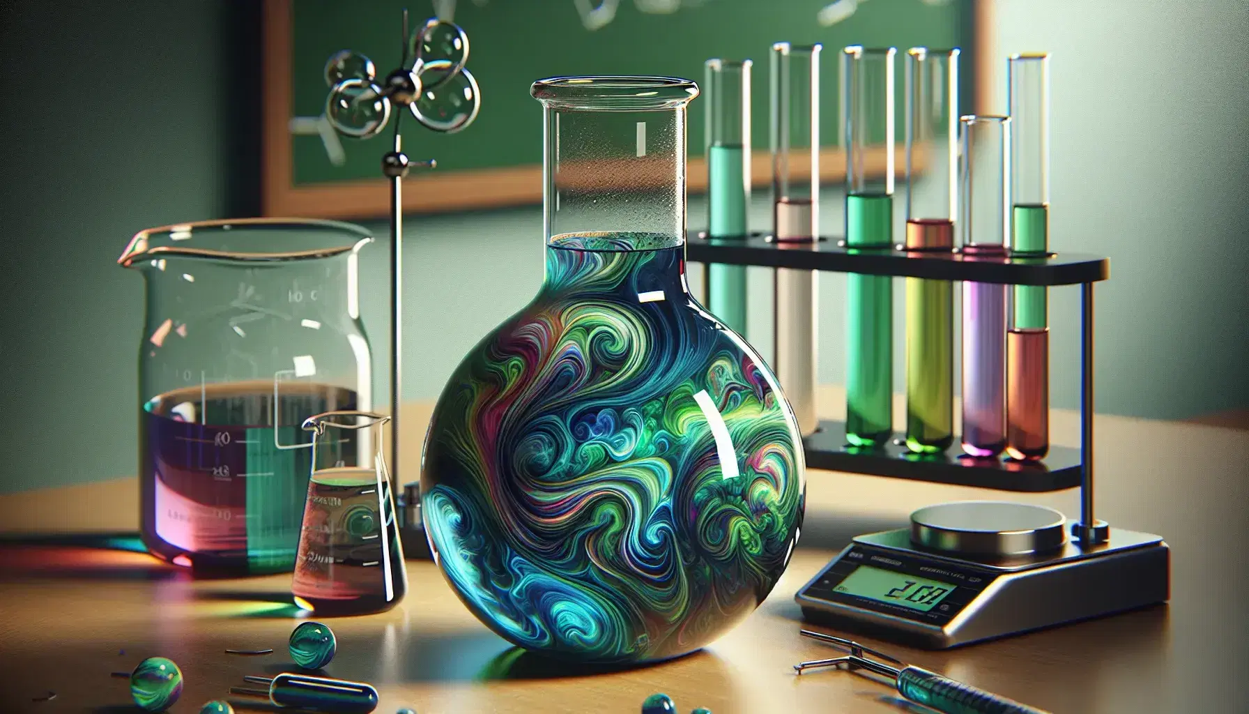 Glass bottle with blue and green marbled liquids on laboratory bench with colored test tubes, digital scale and scientific glassware.