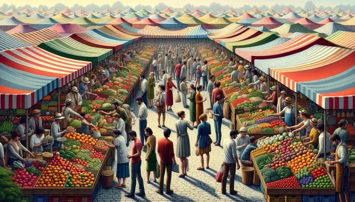 Vibrant outdoor market with colorful stalls of fresh fruits and vegetables, bustling with diverse shoppers in an urban setting.