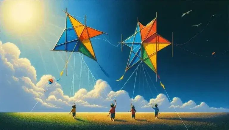 Bambini in campo aperto fanno volare aquiloni a forma di triangolo, due isosceli blu e rosso e uno scaleno arancione, sotto un cielo azzurro con nuvole.