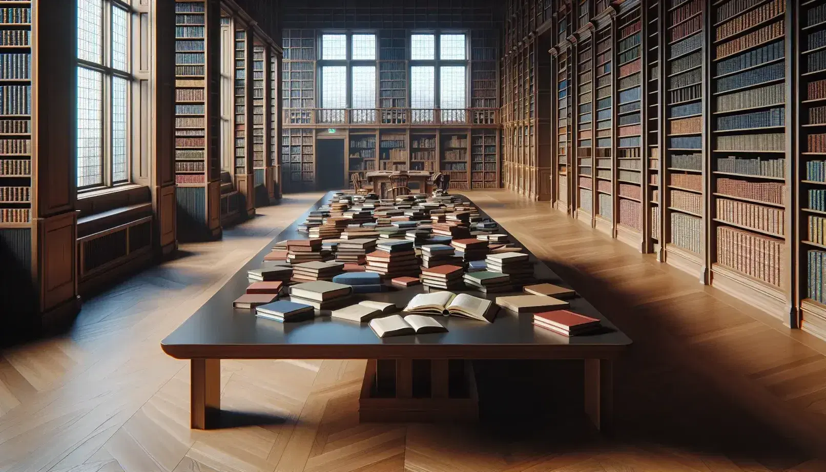 Biblioteca amplia y luminosa con mesa de madera y libros desordenados, estanterías repletas y figura humana leyendo, bajo una luz natural que entra por una gran ventana.