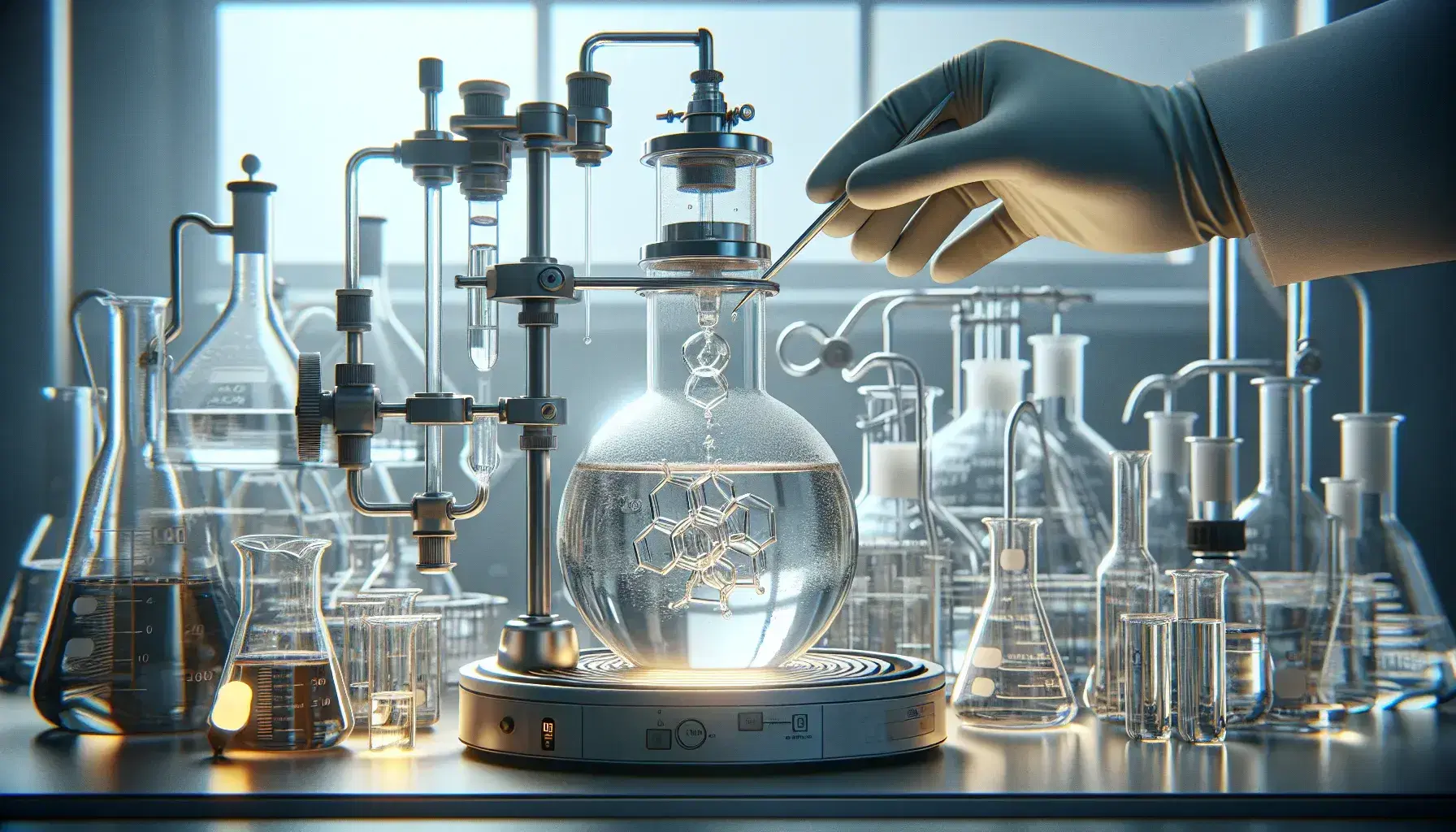 Chemical laboratory with round bottom flask on magnetic stirrer connected to Liebig condenser, gloved hands pour colorless liquid.