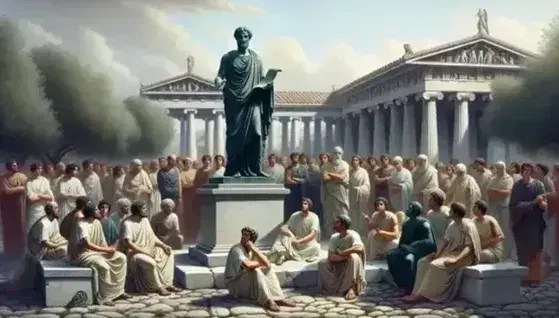Agora greca antica con statua di sofista in bronzo e ascoltatori attenti tra colonne di marmo e ulivi sotto cielo azzurro.