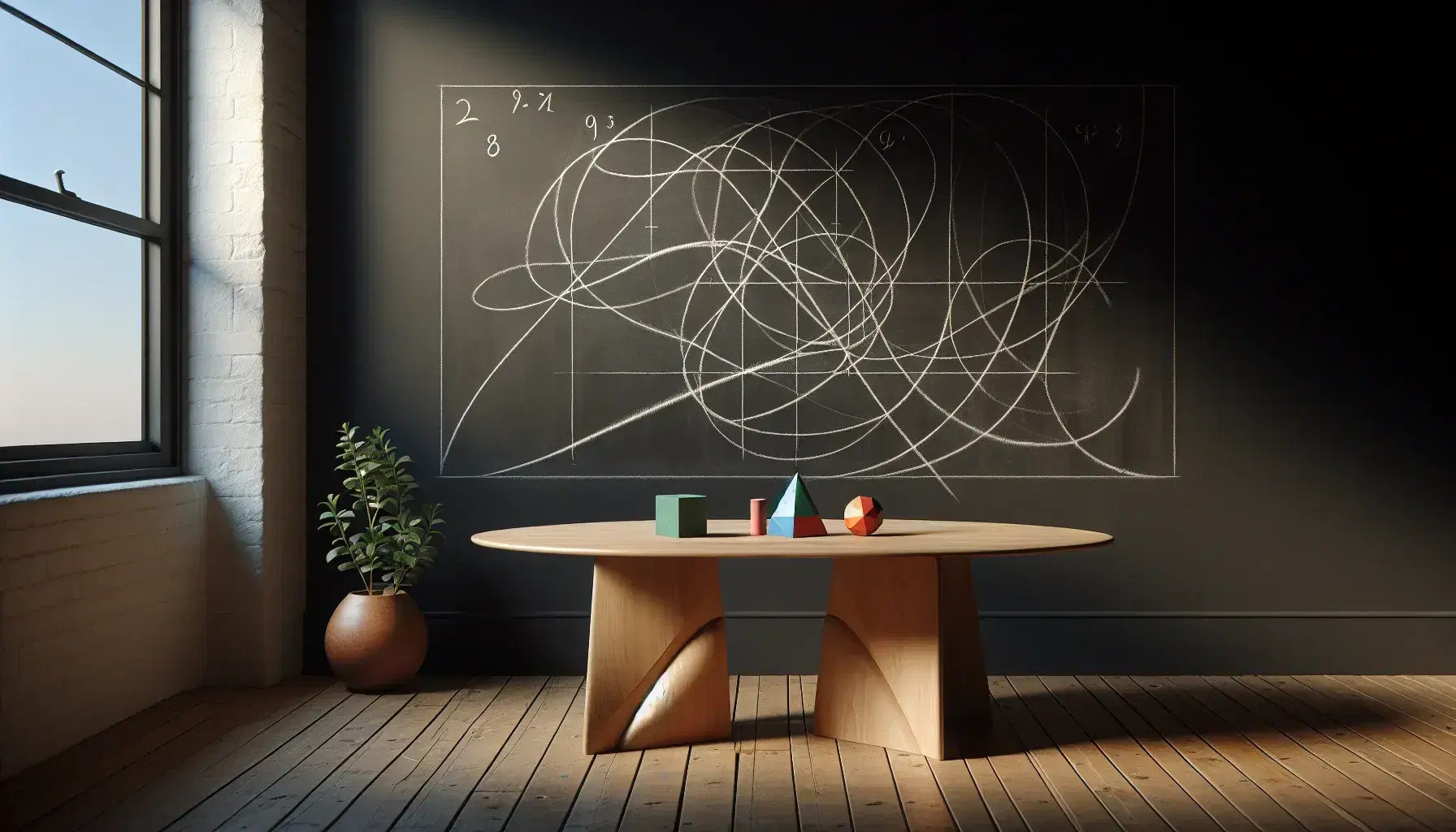 Pizarra con trazos de tiza y mesa con figuras geométricas en 3D junto a planta en maceta, ambiente de estudio.