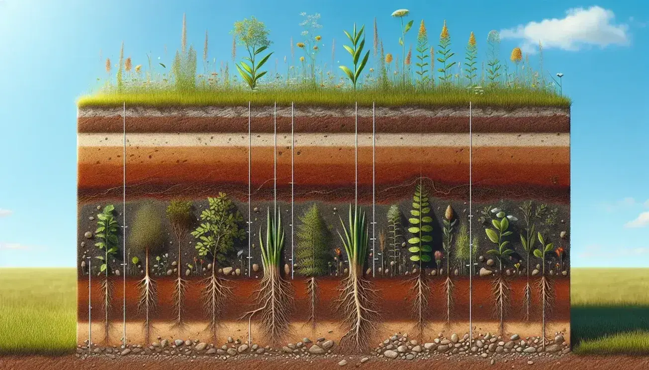 Sección transversal de suelo mostrando capas con raíces de plantas y un guante azul examinando la tierra, bajo un cielo despejado.