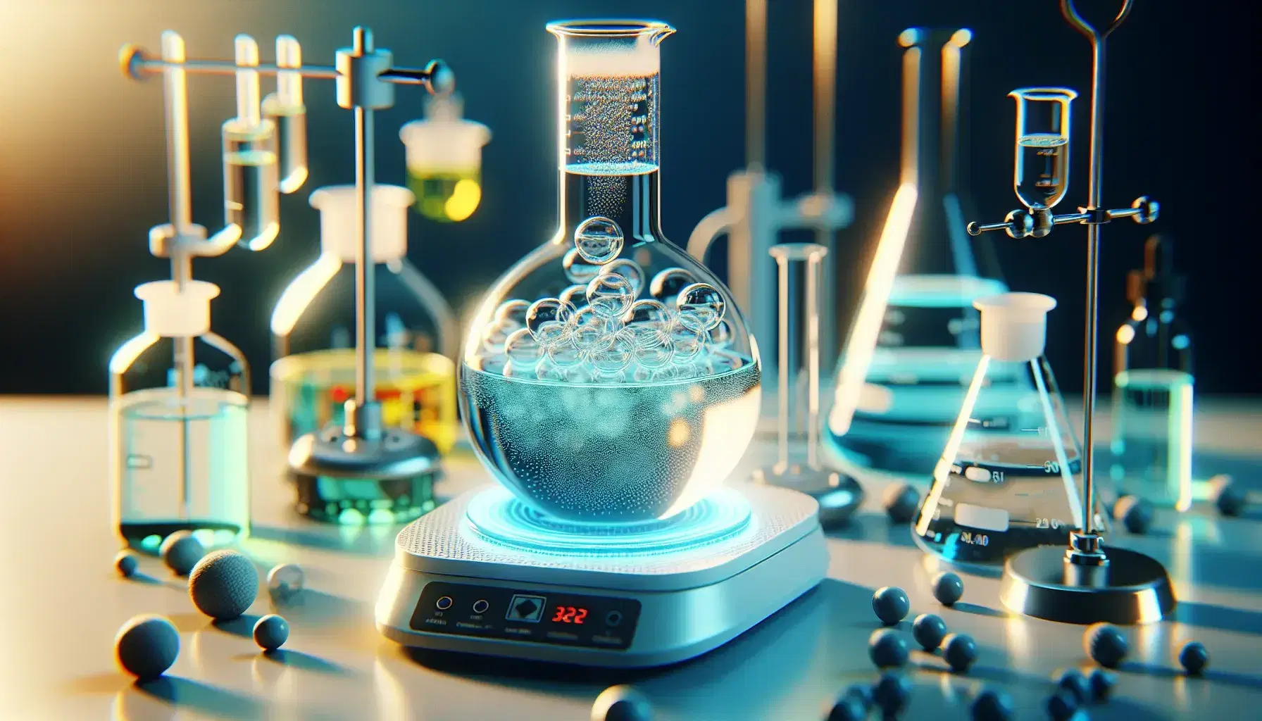 Primer plano de un laboratorio químico con matraz Erlenmeyer sobre placa calefactora y líquidos de colores en instrumentos de vidrio, reflejando la luz en un ambiente científico.