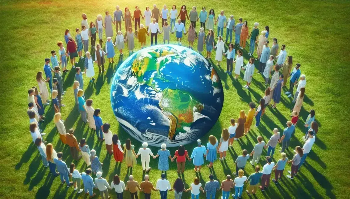 Gruppo multietnico di varie età che si tiene per mano in cerchio attorno a un globo terrestre su erba verde, simboleggiando unità e collaborazione.
