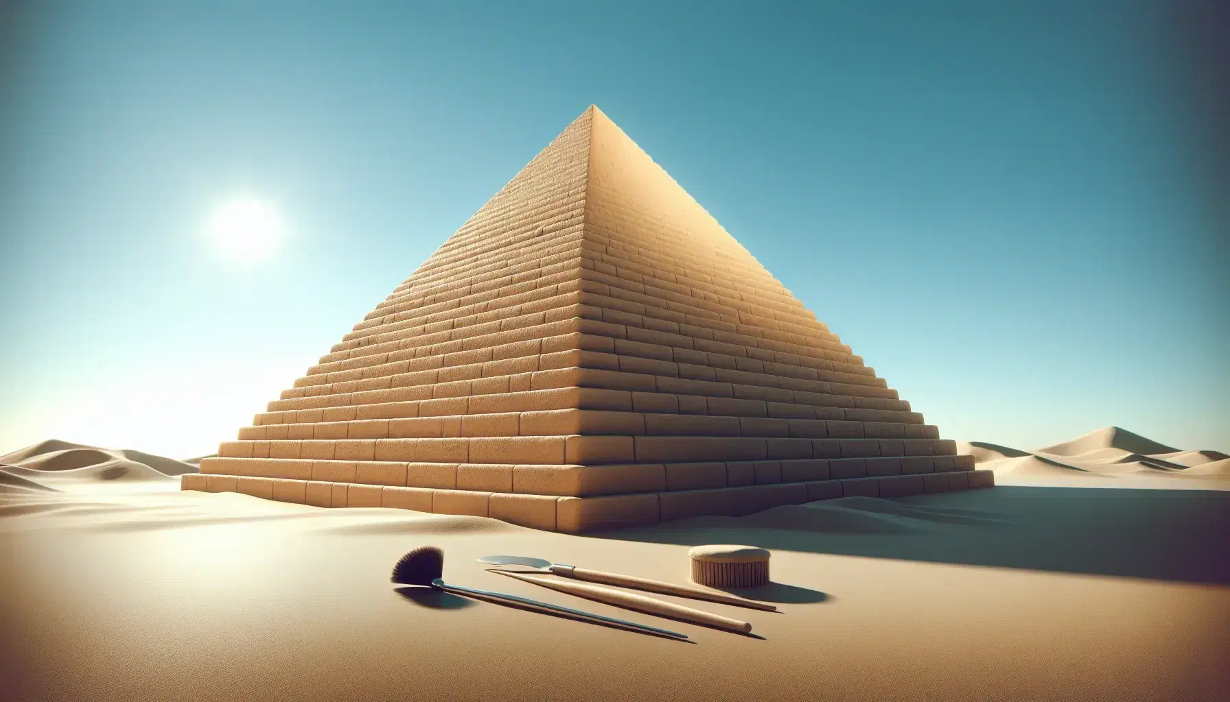 3D model of an Egyptian pyramid in a desert setting with archaeological tools in the foreground, under a clear blue sky with a distinct shadow cast on the sand.