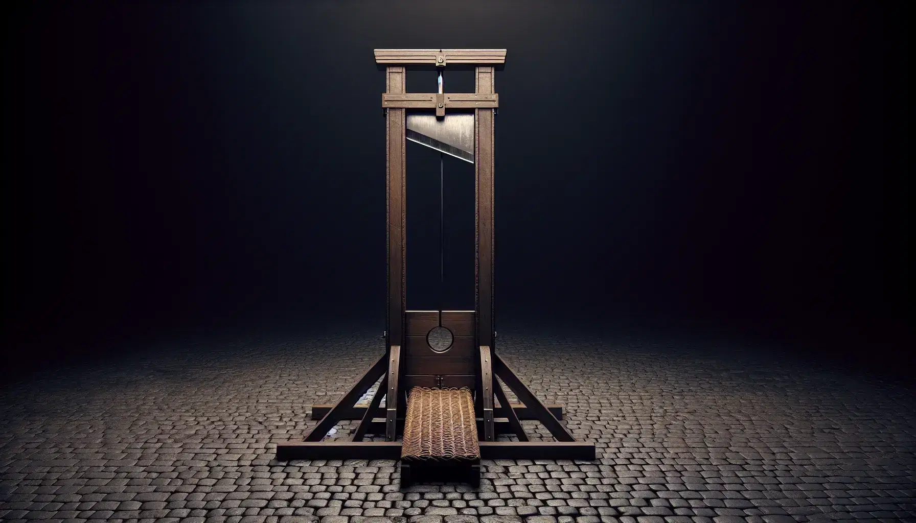 Guillotina del XVIII secolo con lama metallica triangolare sospesa tra pali di legno e cesto di vimini sottostante su pavimento in ciottoli.