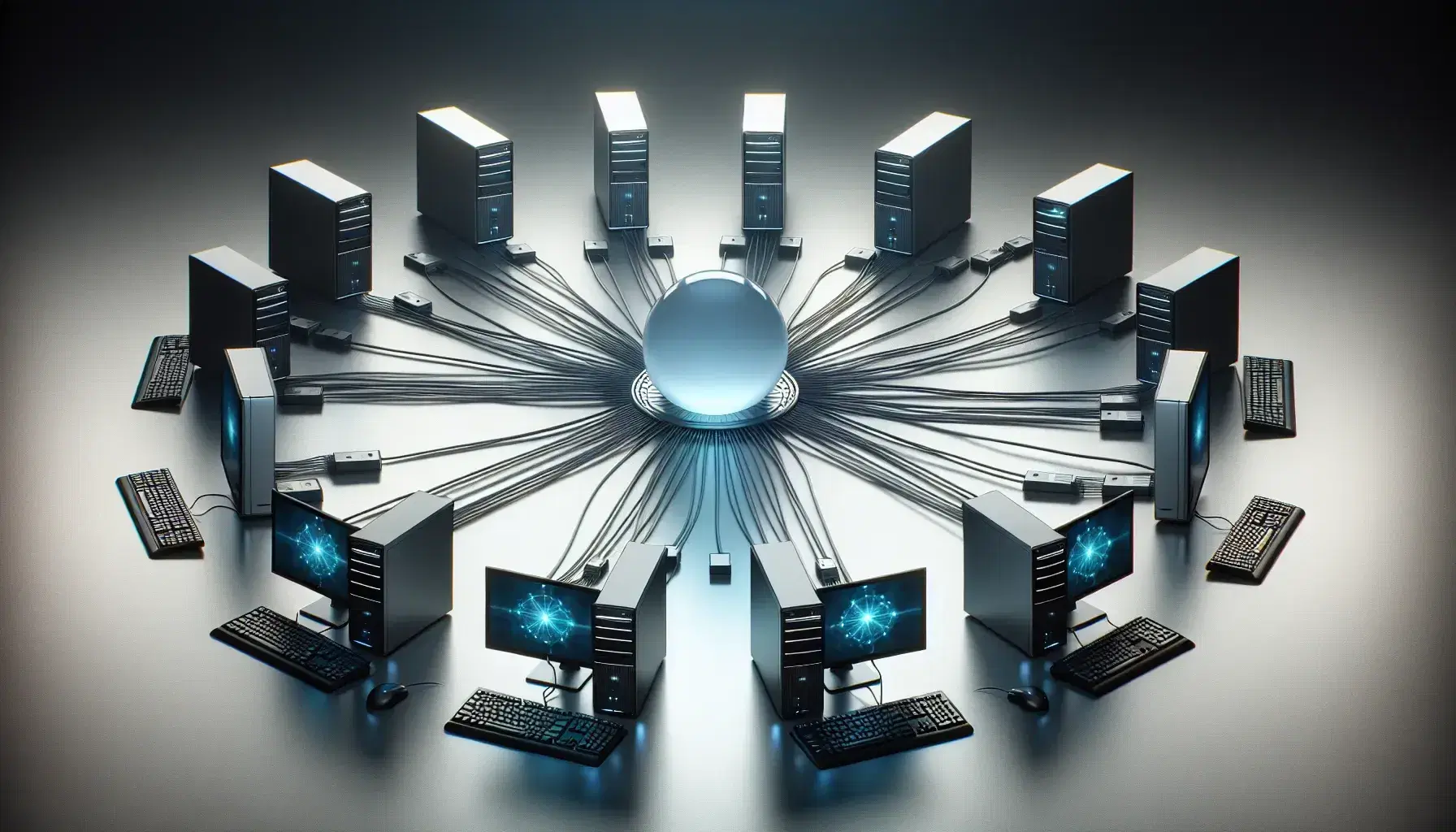Peer-to-peer network with computers arranged in a circle connected by blue lines to a central bright sphere, on a degrading gray background.