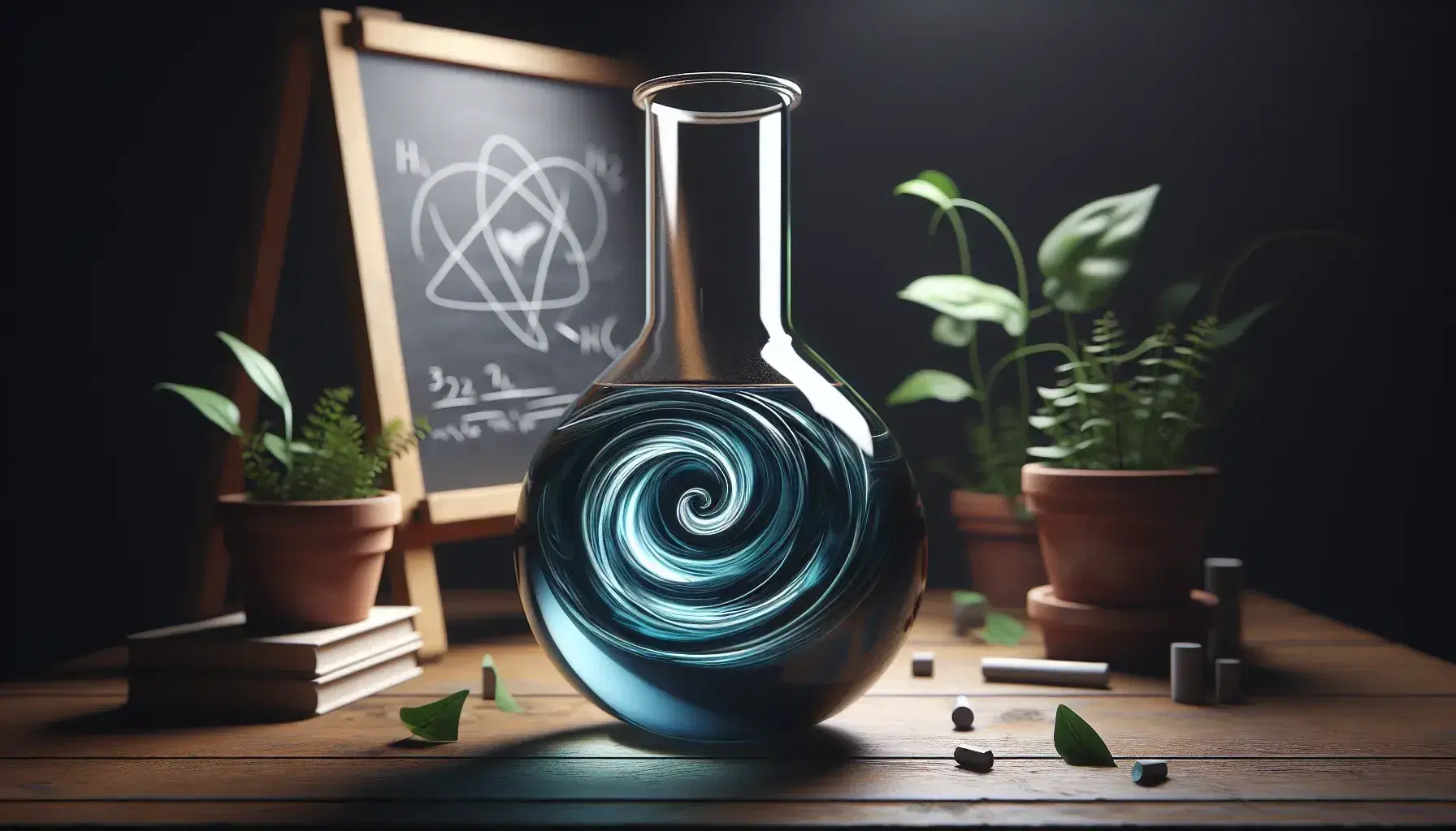 Blue liquid swirling in a glass flask on a wooden table, surrounded by green plants in terracotta pots, with a blank chalkboard in the background.