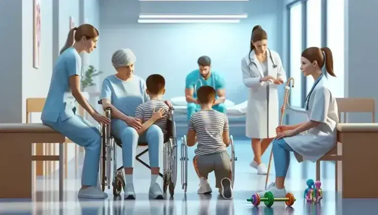 Professionisti sanitari in ospedale assistono pazienti: operatore in blu con anziano in sedia a rotelle, fisioterapista con giovane e educatore con bambino.