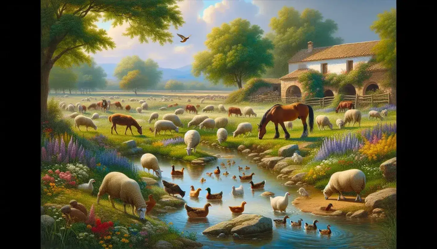 Pastoral Spanish countryside scene with a brown horse, white sheep, speckled hens grazing, ducks in a stream, and a rustic farmstead.