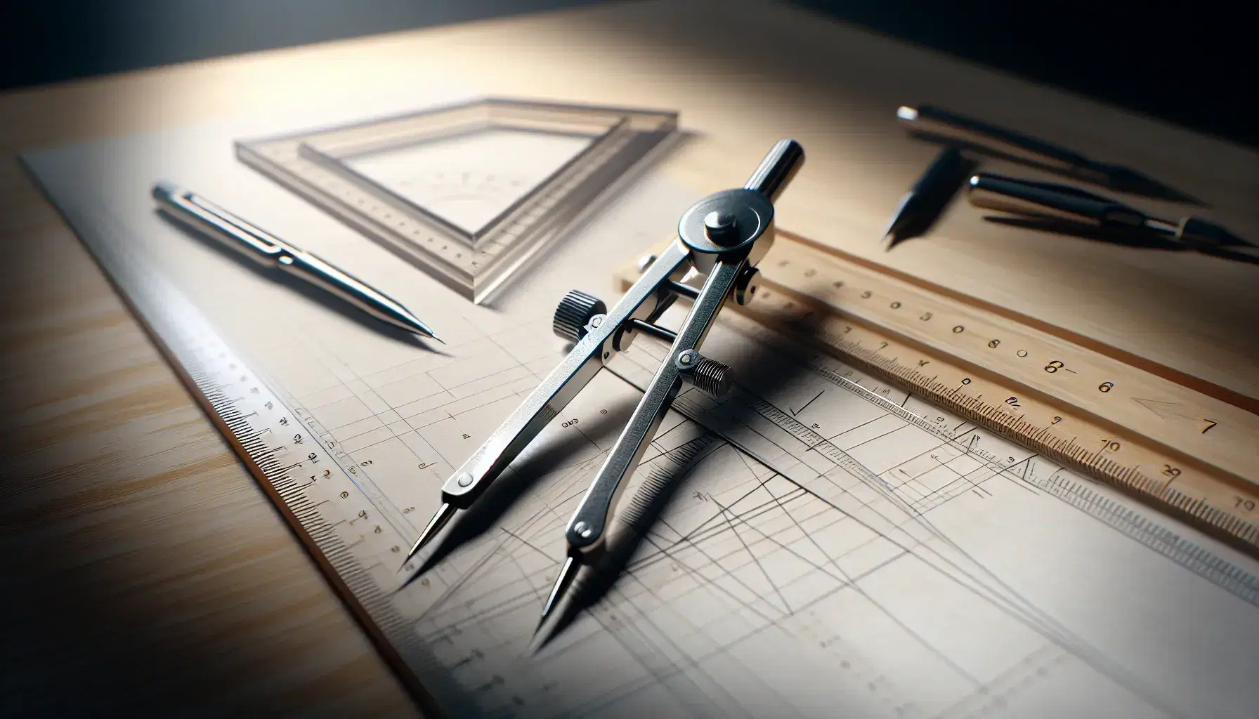 Set di strumenti geometrici su superficie in legno chiaro con compasso metallico, righello trasparente e squadra, e disegni di triangoli sullo sfondo.