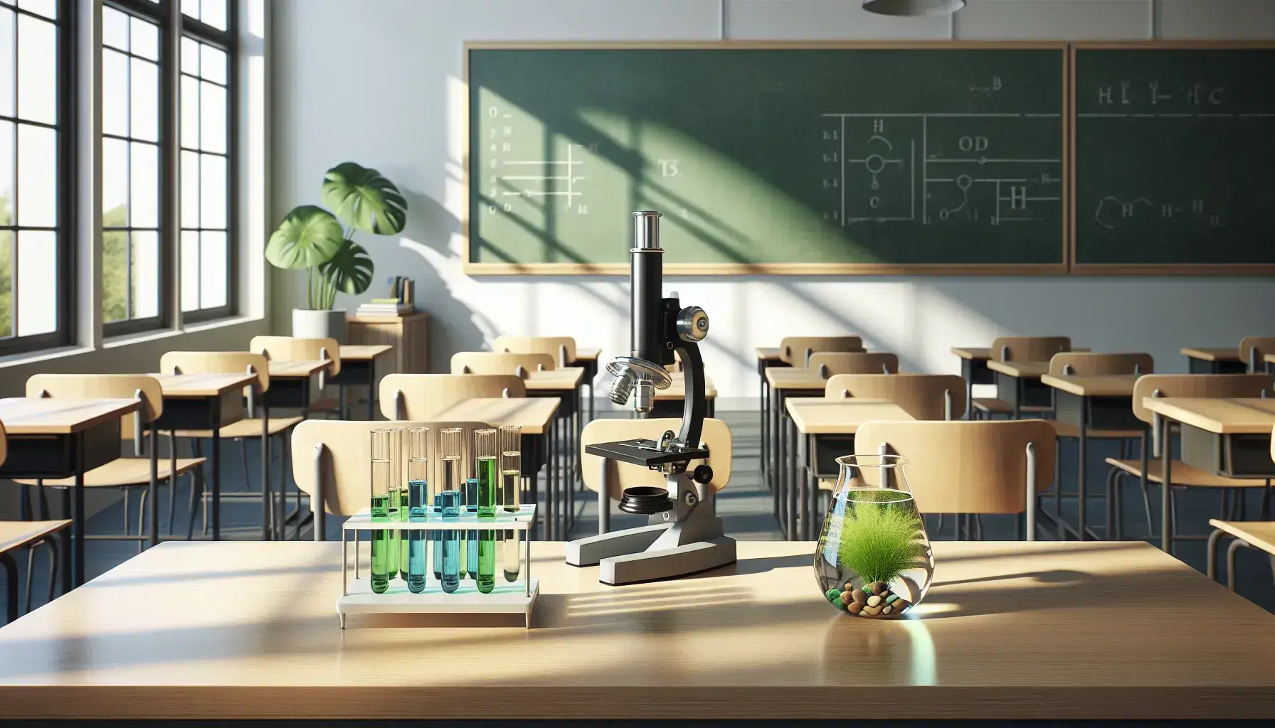 Aula luminosa con mesa de madera, microscopio moderno, tubos de ensayo con líquidos de colores y planta acuática en un acuario transparente.