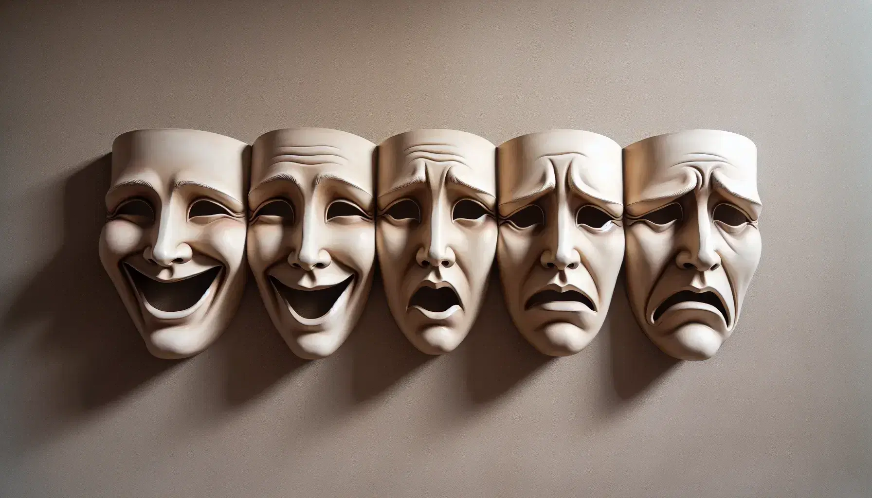 Conjunto de cinco máscaras teatrales con expresiones de alegría, sorpresa, neutralidad, tristeza y enojo en pared neutra.