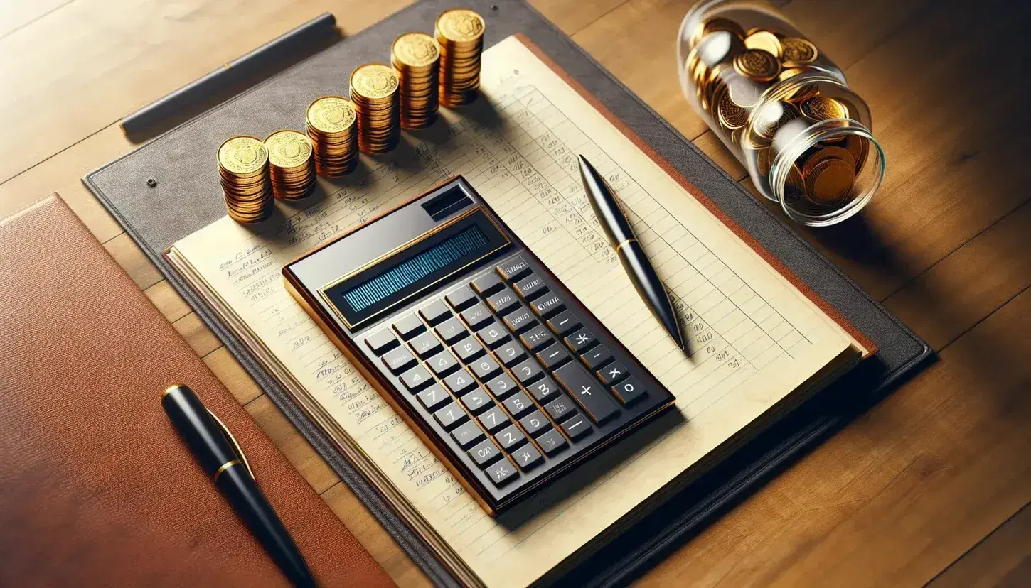 Flat lay of an organized office desk with a calculator, open ledger, ascending gold coins, jar of mixed currency, potted plant, and round eyeglasses.