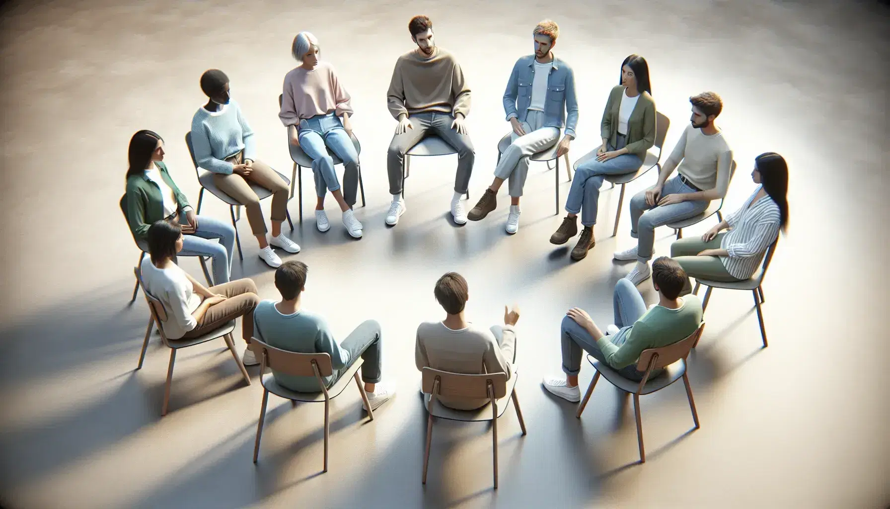 Eight people of different ethnicities and genders sitting in a circle for a meeting, with colorful clothing and gestures that indicate interaction.