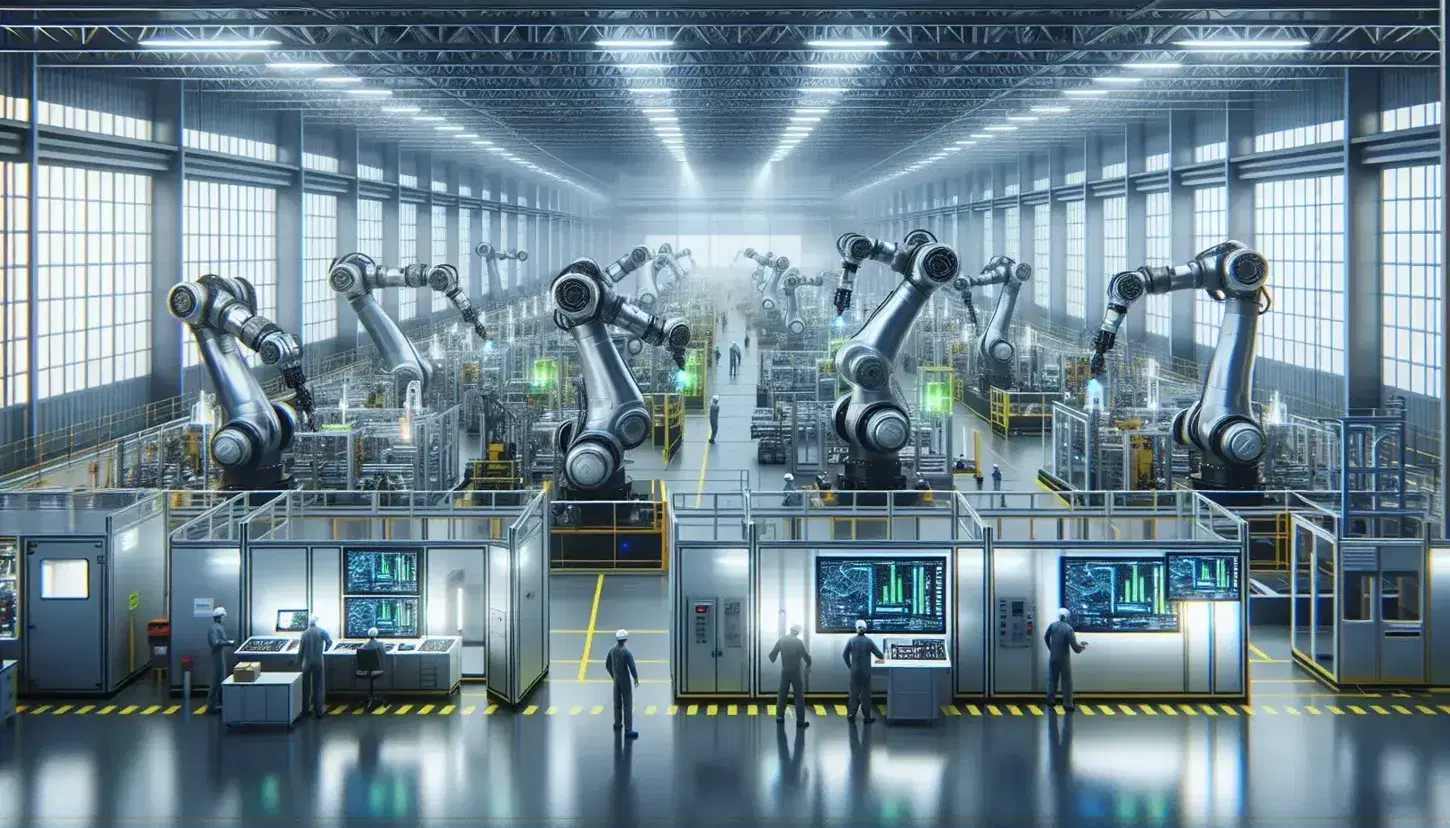 Robotic arms efficiently assembling parts on a modern factory floor with workers monitoring data at computer terminals, bathed in natural light.