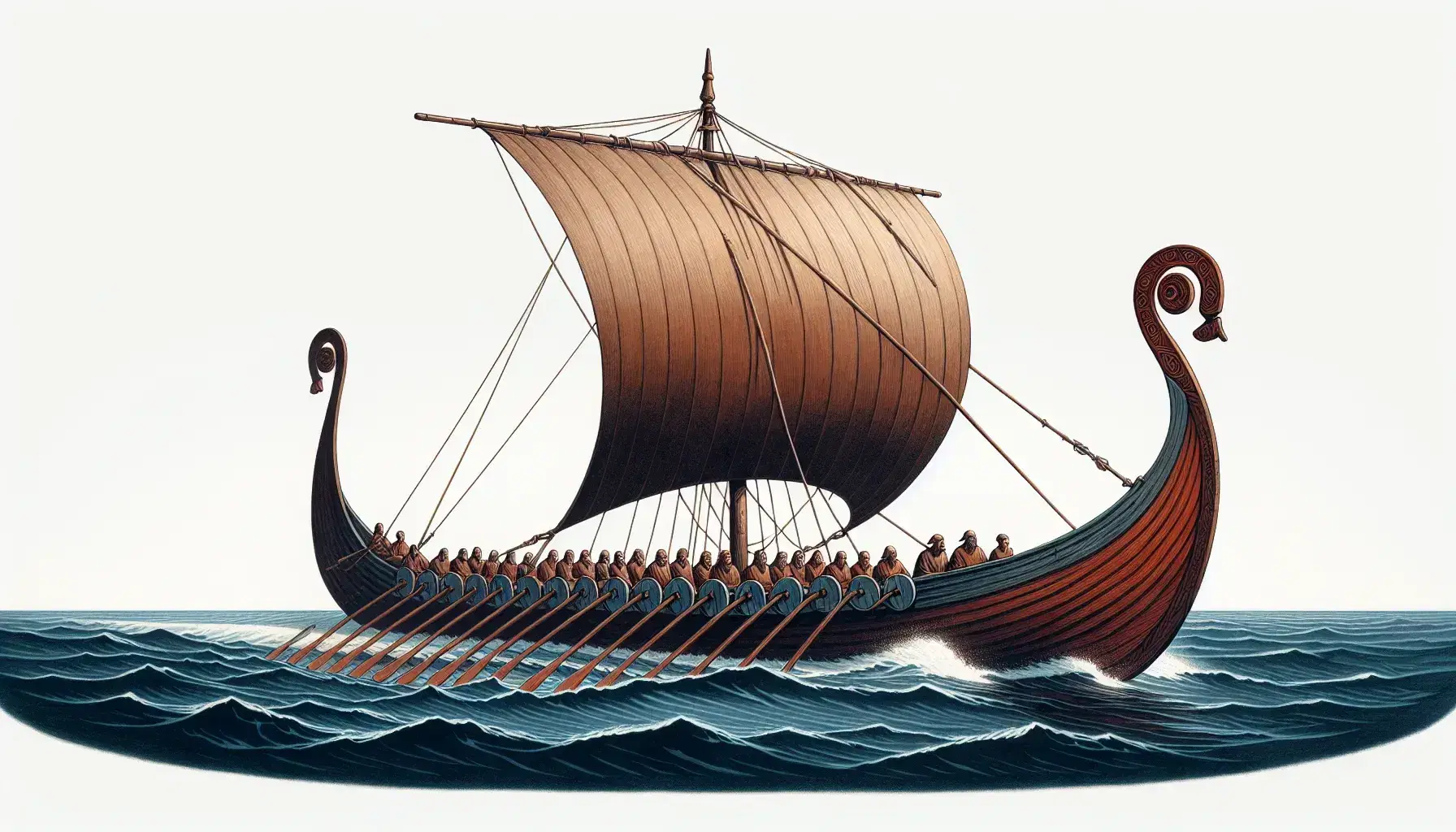 Viking longship at sea with rowers and red sail, curved prow with serpent head, on calm blue waters under a gradient sky at dawn or dusk.
