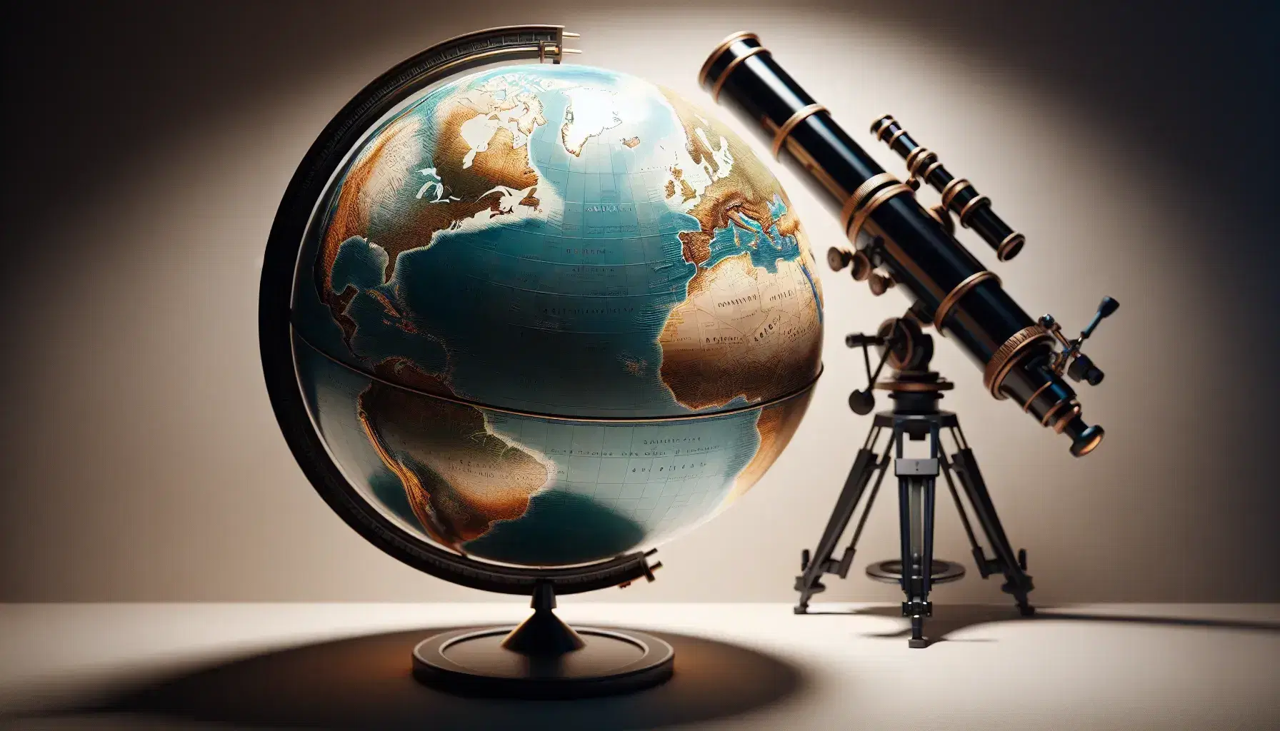 Globo terrestre fisico illuminato con rilievi montuosi e oceani, telescopio astronomico sfocato e sfera metallica riflettente su sfondo neutro.