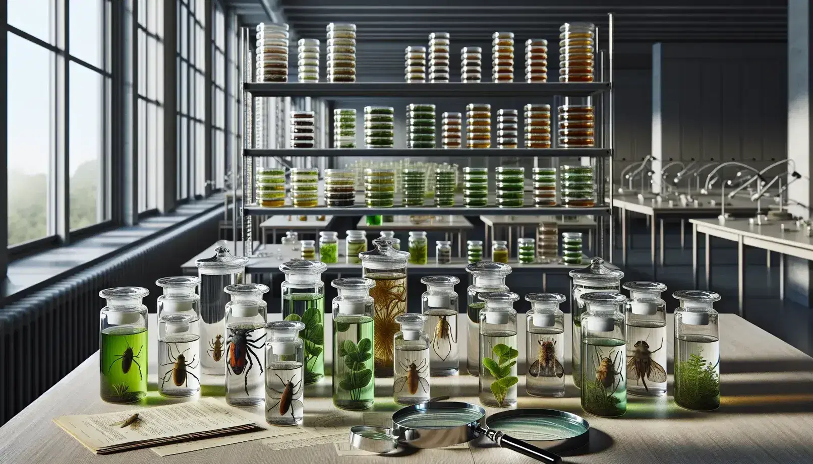 Especímenes biológicos preservados en frascos de vidrio y hojas verdes en Petri sobre mesa de laboratorio, con lupa y estantería metálica al fondo.