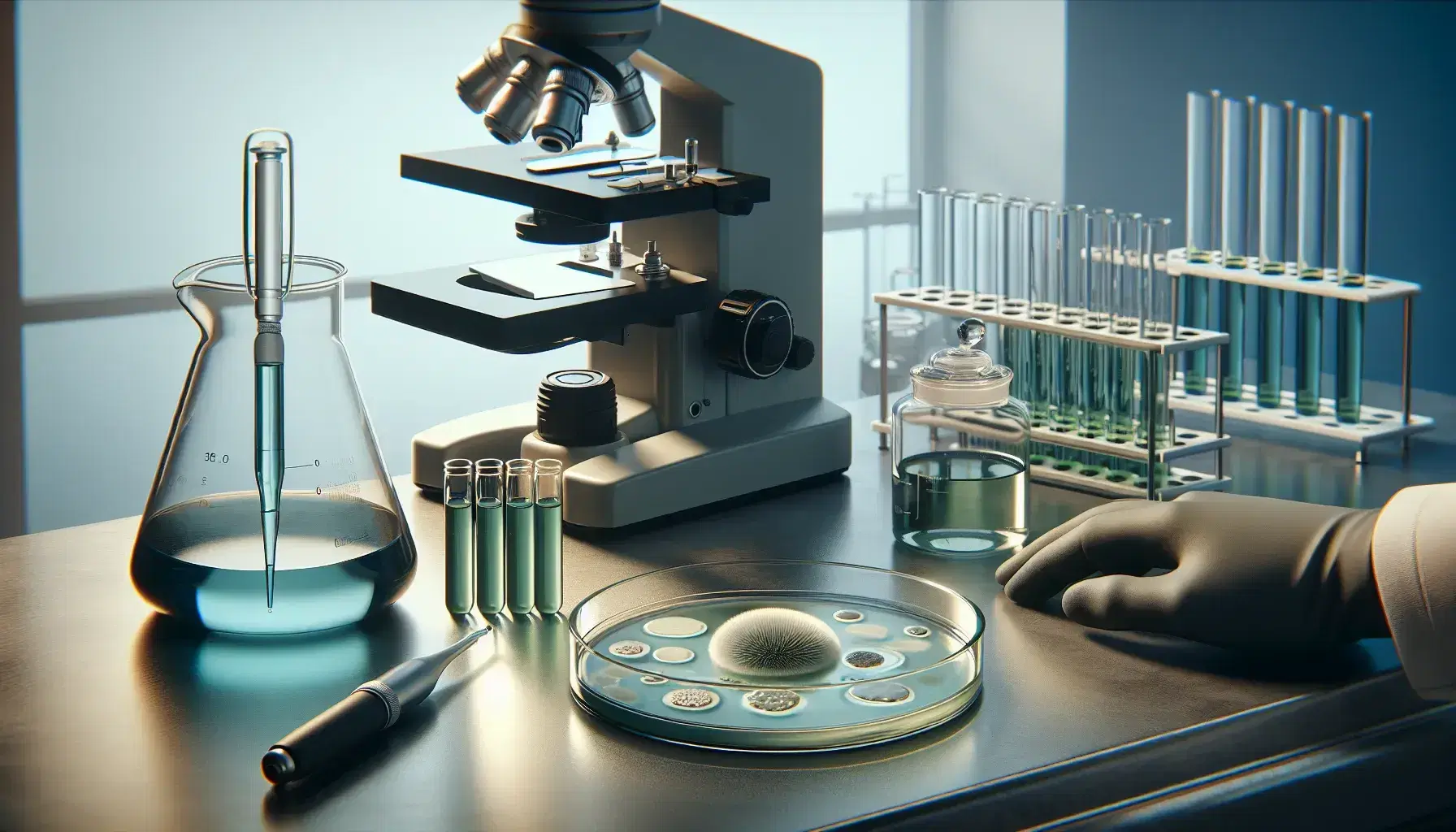Laboratory workbench with scientific equipment including a beaker with blue liquid, pipette with green fluid, petri dish with bacterial colonies, microscope, centrifuge, and gloved hands organizing microtubes.