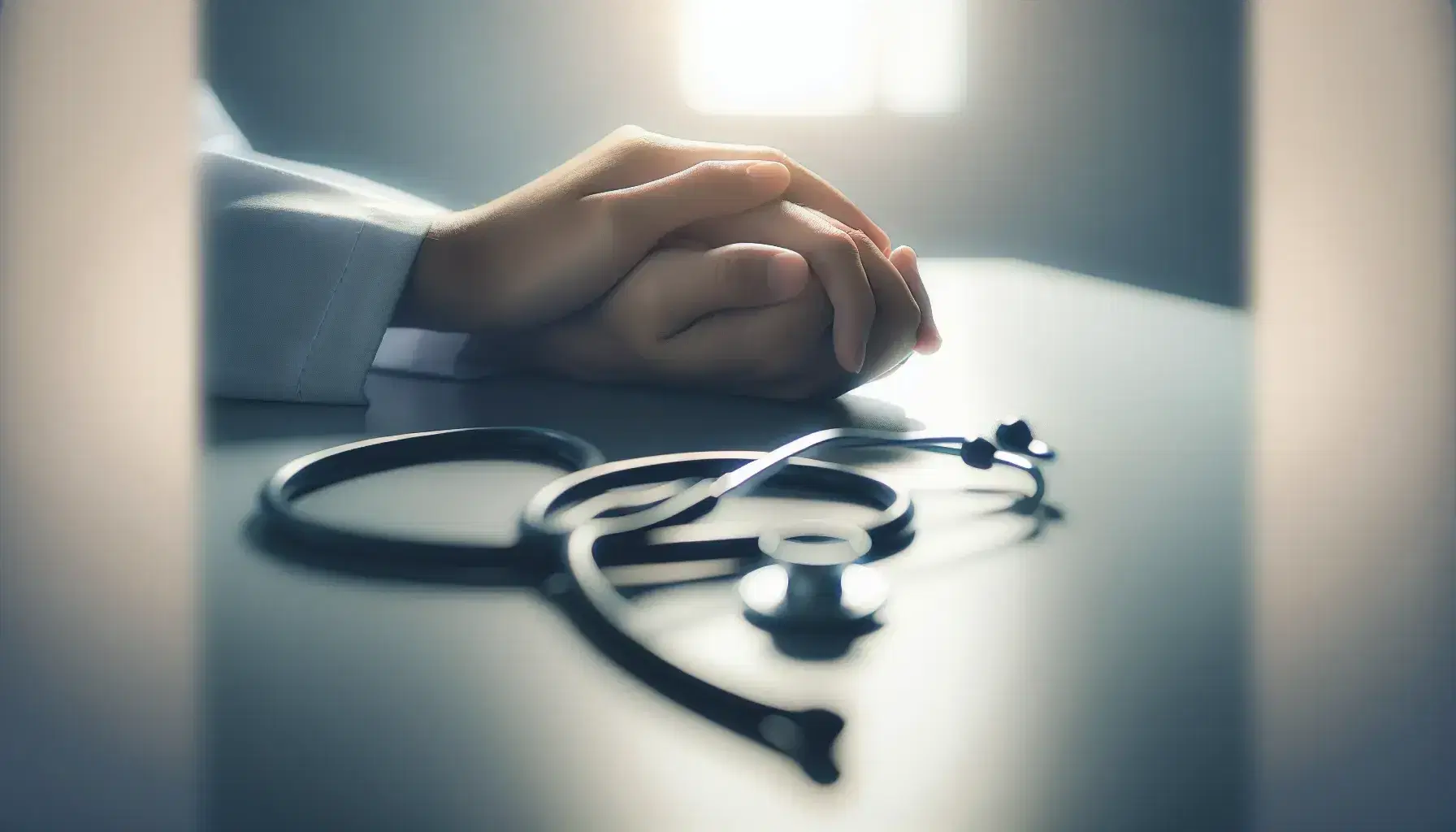 Overlapping hands in a comforting gesture on smooth surface with blurry stethoscope and light blue background in clinical setting.