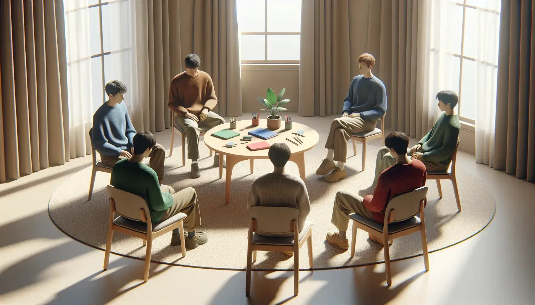 Grupo de cinco personas sentadas en círculo en una sala de reuniones con una mesa central con plantas y libretas, reflejando una atmósfera de escucha activa y ambiente acogedor.