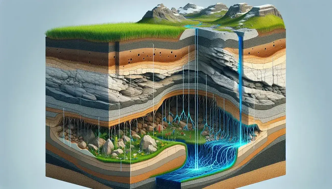 Sezione trasversale del terreno che mostra strati geologici, porosità del suolo, falda acquifera, una grotta con lago sotterraneo e una sorgente.