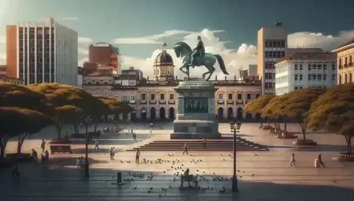 Vista panorámica de la Plaza Bolívar en Bogotá con estatua ecuestre de bronce, personas paseando, palomas, árboles y edificios coloniales bajo un cielo azul.