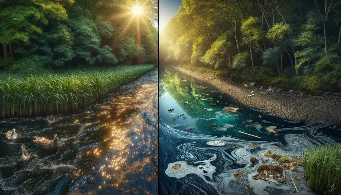 Fiume che passa da acque limpide e vegetazione rigogliosa a zona inquinata con detriti, schiuma e piante appassite.