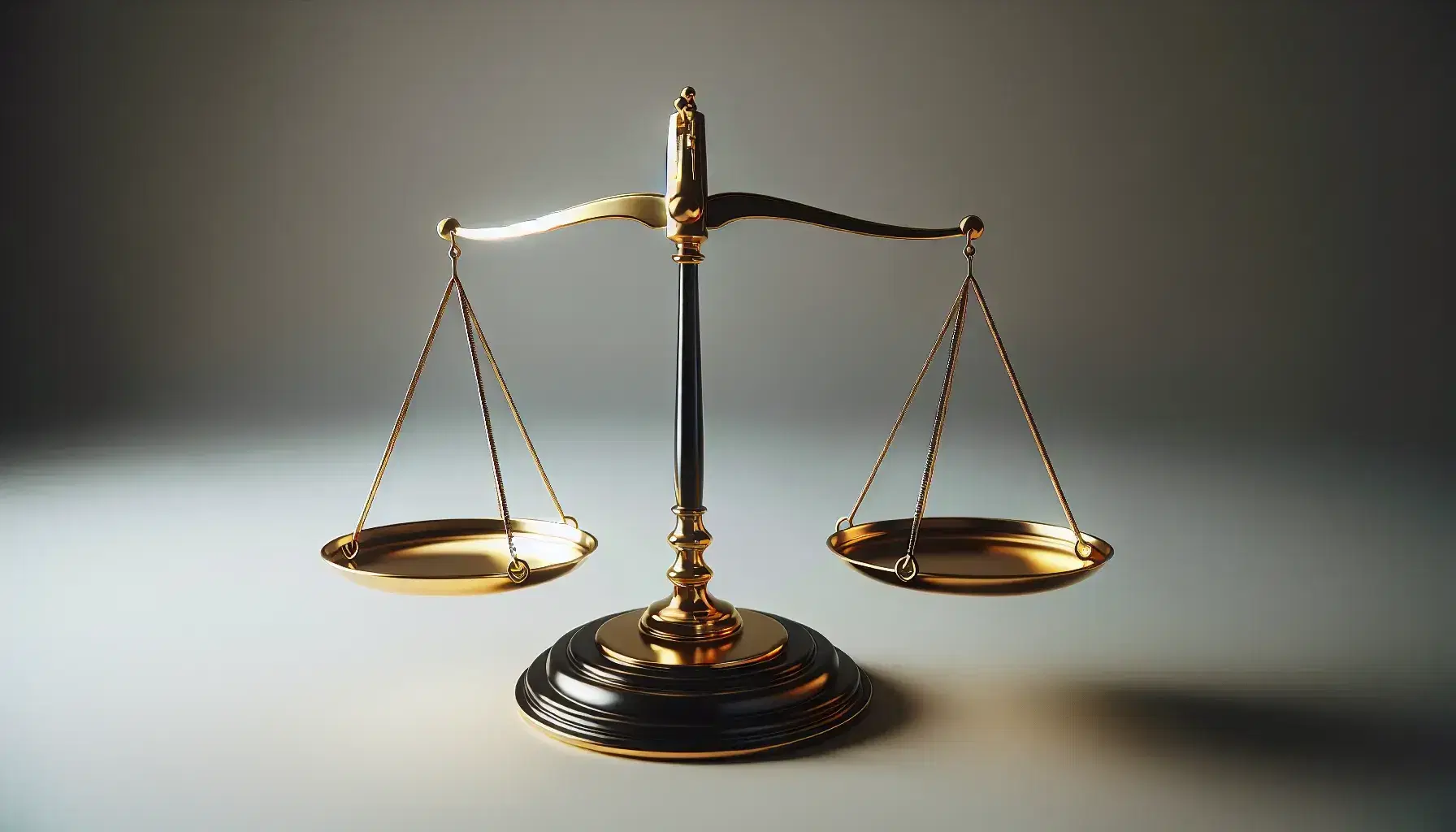 Balanza de la justicia equilibrada con platos dorados y soporte negro sobre superficie lisa gris, simbolizando equidad y derecho.