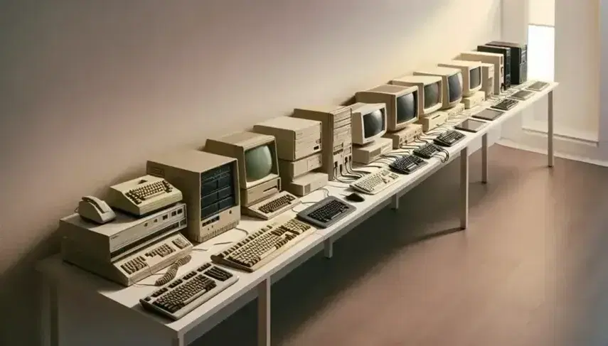 Evoluzione dei computer su tavolo, da modello anni '70 a tablet moderno, passando per PC anni '80 e laptop anni '90.