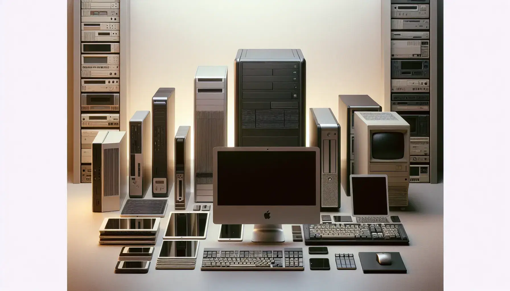 Colección de dispositivos electrónicos mostrando la evolución de computadoras, desde modelos antiguos hasta modernos, con un smartphone y un ratón en primer plano.
