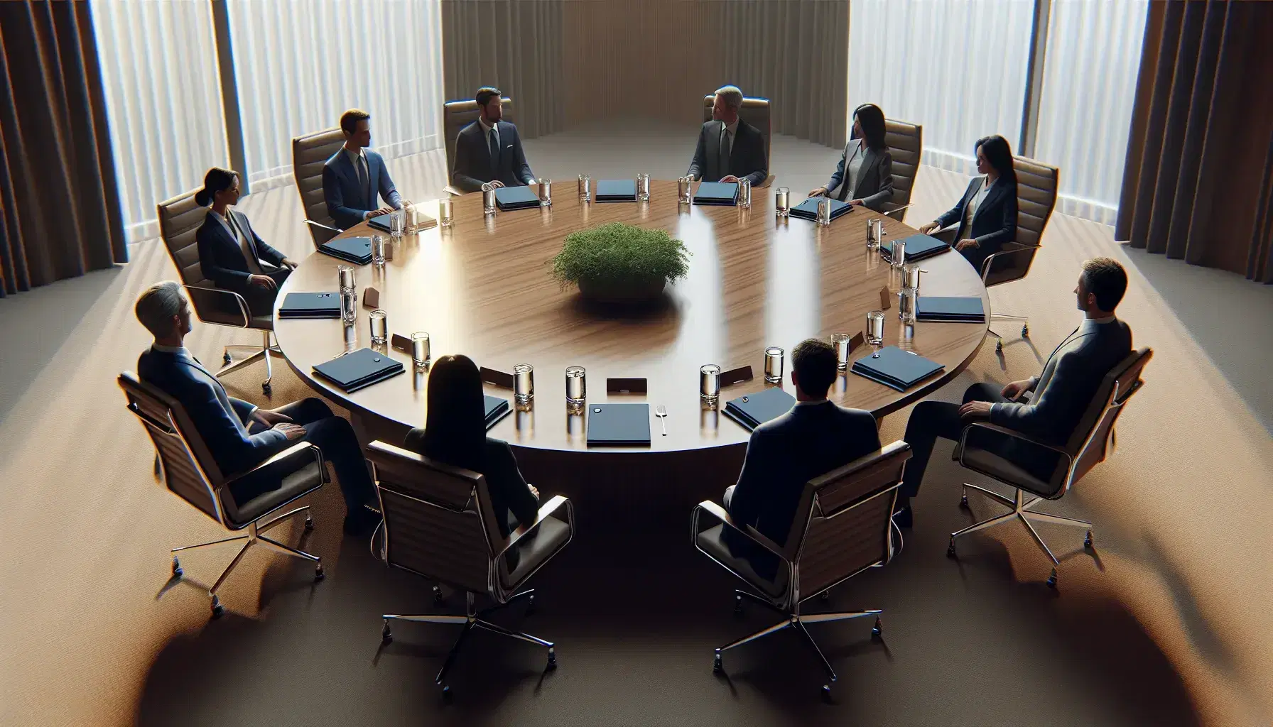 Diverse group of professionals in business attire engaged in a roundtable meeting, with a wooden table, water pitcher, glasses, folders, and a potted plant.