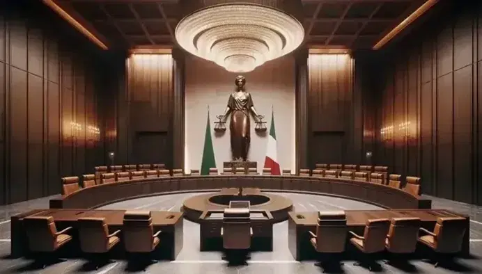 Sala vuota della Corte Costituzionale con scrivania semicircolare, sedie in pelle, statua della giustizia, bandiere italiane e lampadario di cristallo.