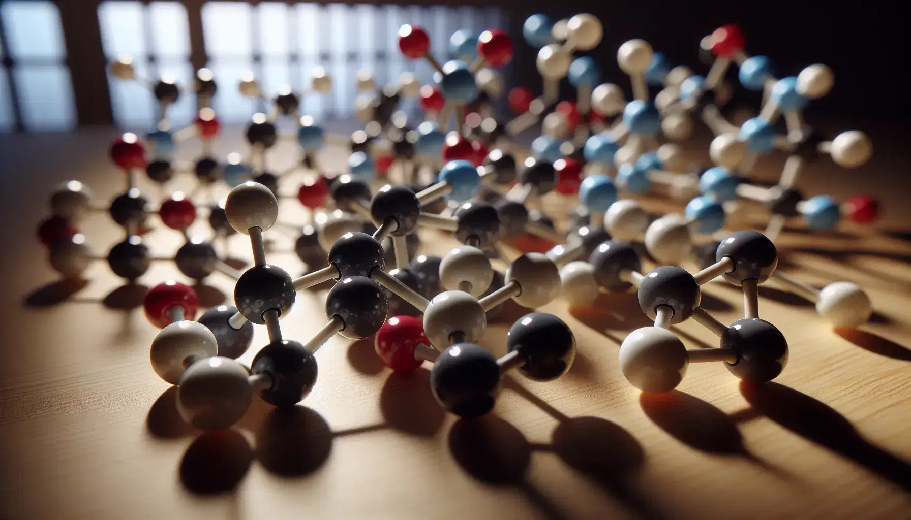 Molecular model with colored spheres representing chemical elements and bonding sticks, on wooden table.