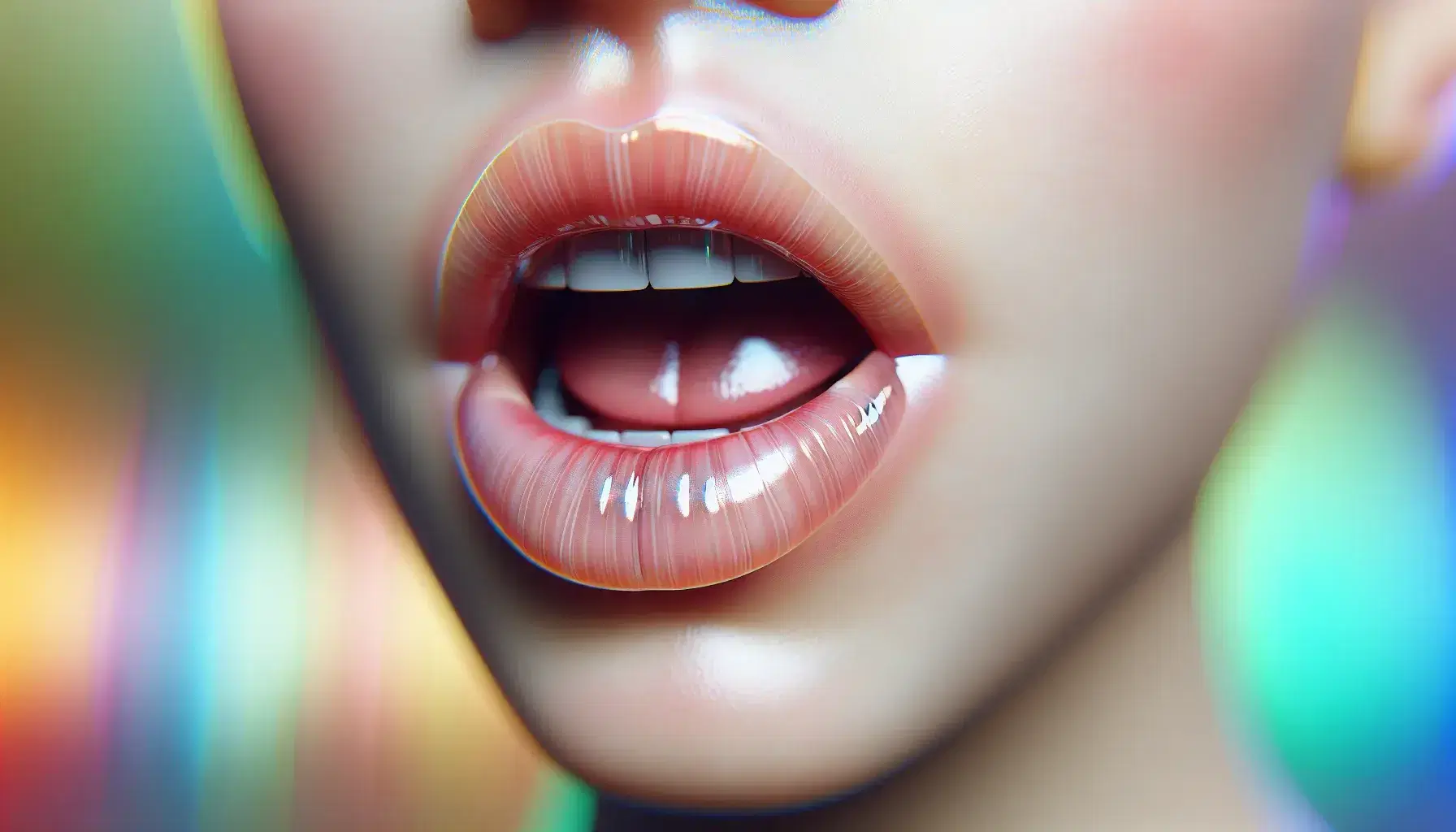 Close-up view of a human mouth slightly open, lips forming an oval shape, upper teeth visible, with a soft-focus classroom background.