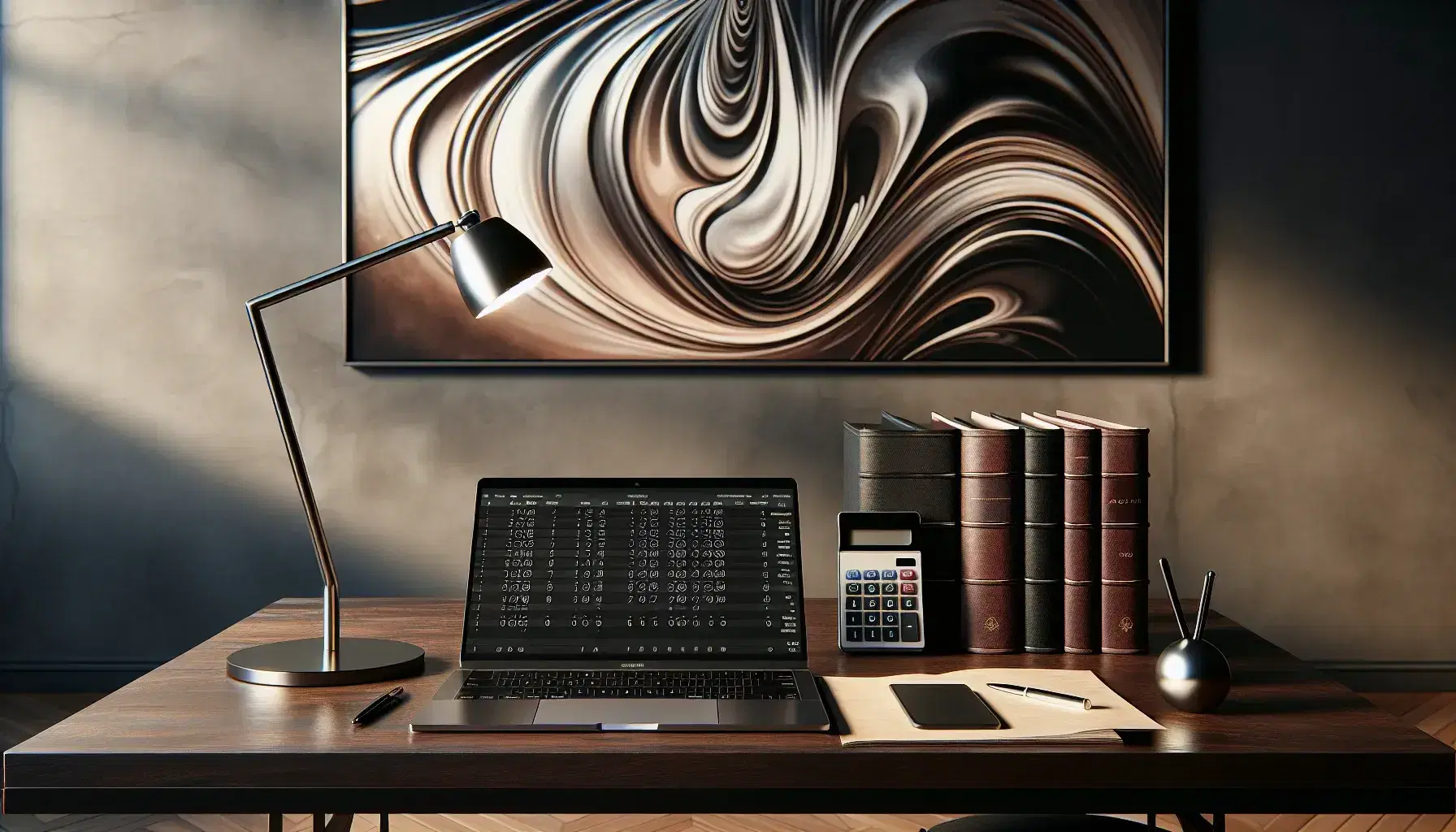 Modern accounting office setup with a dark wooden desk, silver laptop, bound ledgers, metallic calculator, abstract wall art, and a green potted plant.