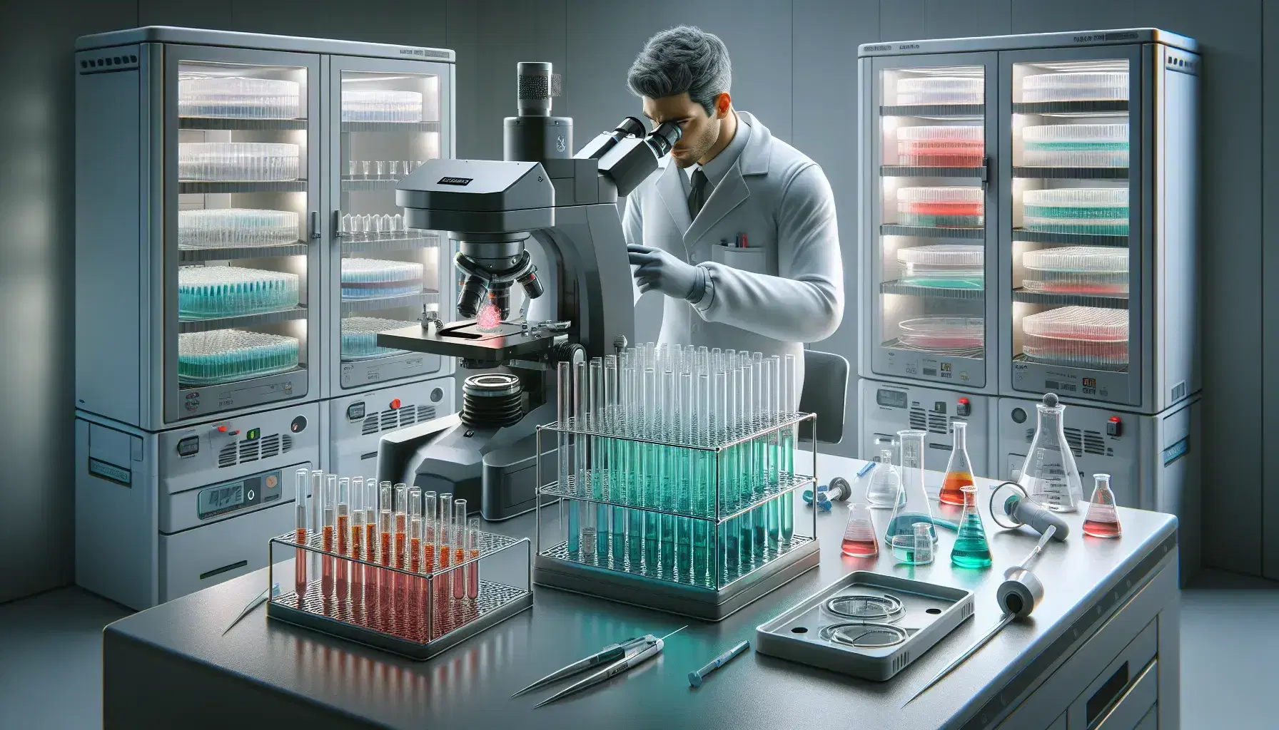 Ricercatore in laboratorio genetico osserva provetta accanto a microscopio elettronico, incubatrici e attrezzi da laboratorio.