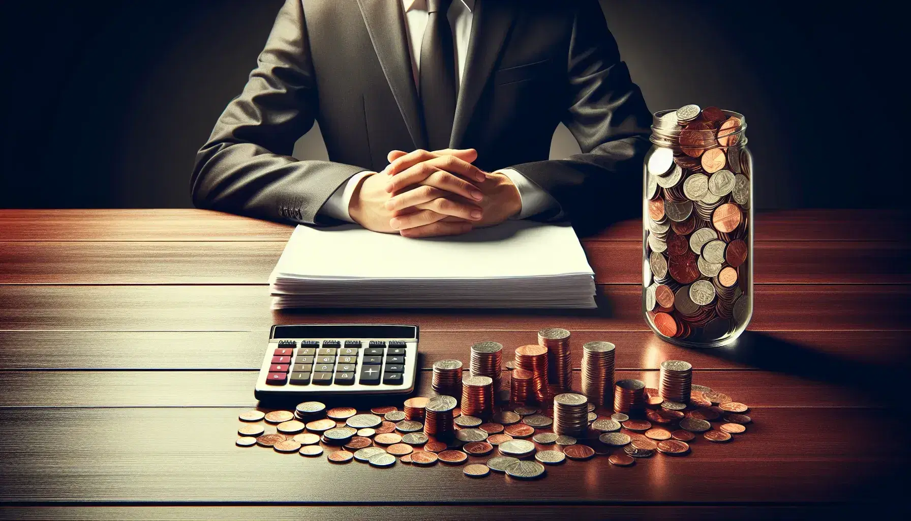 Professional office setting with a wooden table, calculator, white papers, and a glass jar filled with assorted coins, hands of a person in a gray suit, and a cityscape background.