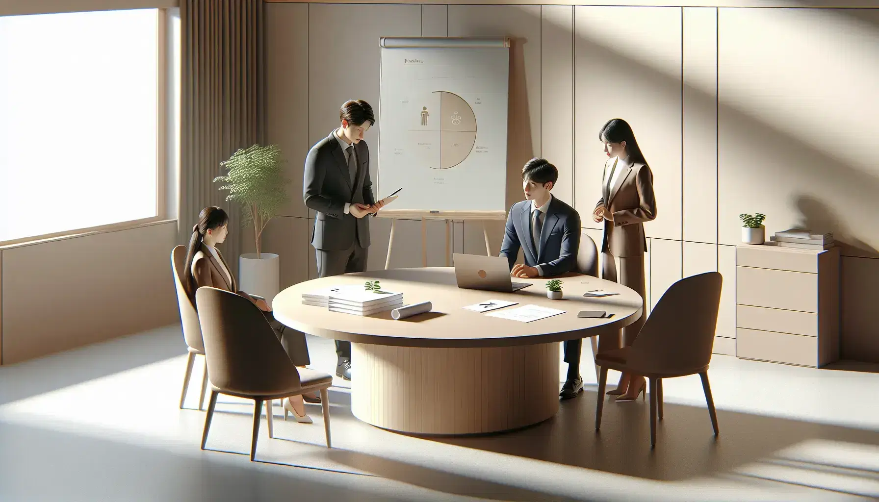 Cuatro profesionales en reunión alrededor de una mesa redonda con un portátil abierto, papeles y una planta, en una oficina iluminada naturalmente.